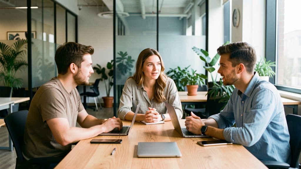 Trois jeunes salariés échangent sur leurs parcours professionnels autour d’une table dans un espace de travail moderne et lumineux.