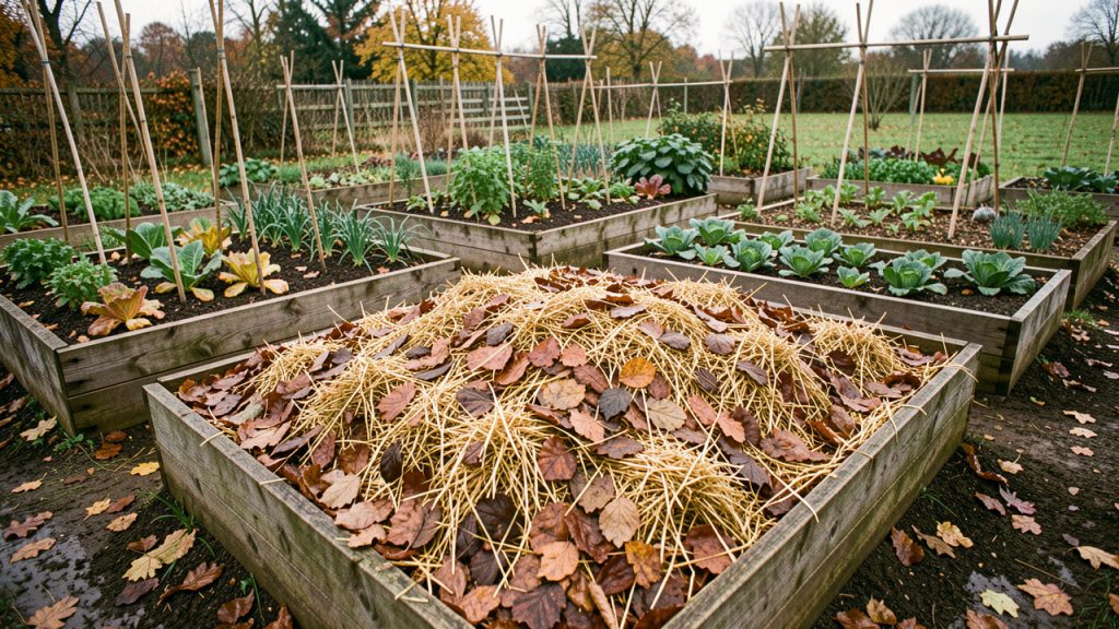 Potager familial en automne avec des parcelles recouvertes de feuilles broyées et de paille sous une lumière douce.