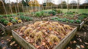 Potager familial en automne avec des parcelles recouvertes de feuilles broyées et de paille sous une lumière douce.