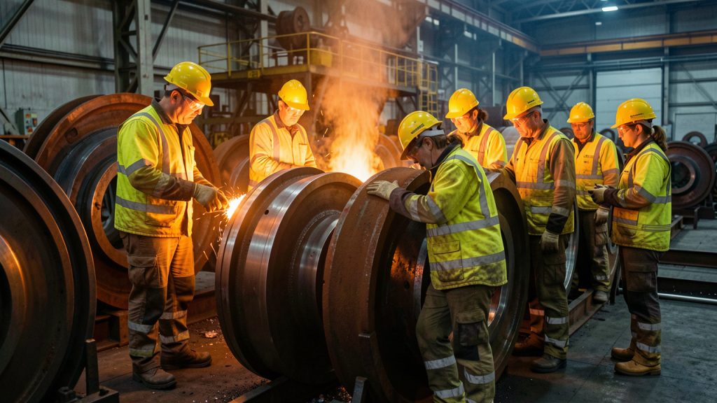 Vue réaliste d’une usine sidérurgique française où des ouvriers et ouvrières en équipements de protection inspectent de grandes roues ferroviaires métalliques.