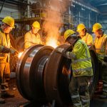 Vue réaliste d’une usine sidérurgique française où des ouvriers et ouvrières en équipements de protection inspectent de grandes roues ferroviaires métalliques.