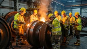 Vue réaliste d’une usine sidérurgique française où des ouvriers et ouvrières en équipements de protection inspectent de grandes roues ferroviaires métalliques.