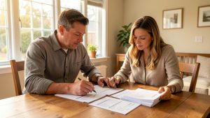 Un homme et une femme examinent ensemble des documents de rénovation et un dossier de factures vierges posé sur une table dans une maison individuelle éclairée par la lumière naturelle.