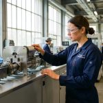 Technicienne en tenue de travail inspectant une ligne de production automatisée dans un atelier industriel français moderne, éclairé par la lumière naturelle.