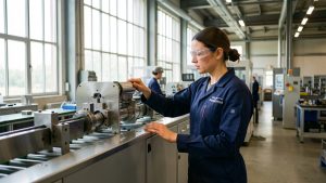 Technicienne en tenue de travail inspectant une ligne de production automatisée dans un atelier industriel français moderne, éclairé par la lumière naturelle.