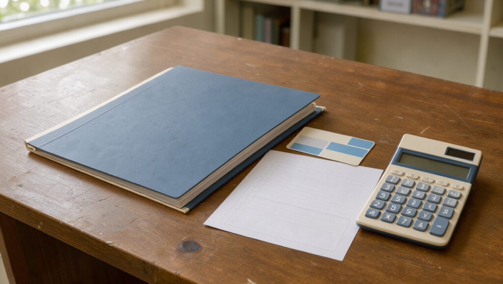 Dossier de budget de l’assurance maladie posé sur un bureau avec une carte de santé générique, une ordonnance vierge et une calculatrice, éclairés par une lumière naturelle douce.