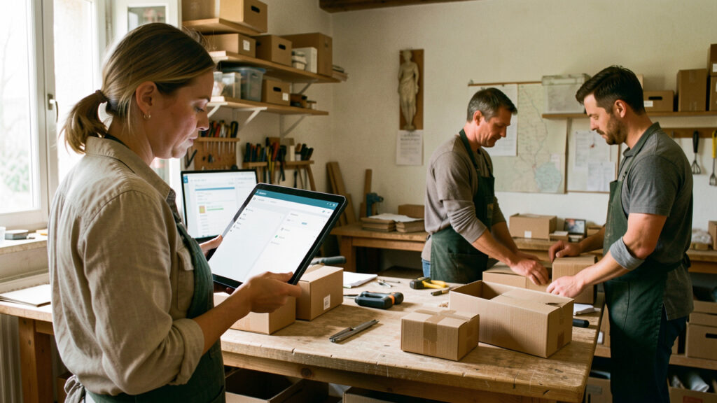 Une responsable logistique consulte un tableau visuel de suivi tandis que deux collègues préparent des colis dans l’atelier d’une petite entreprise française.